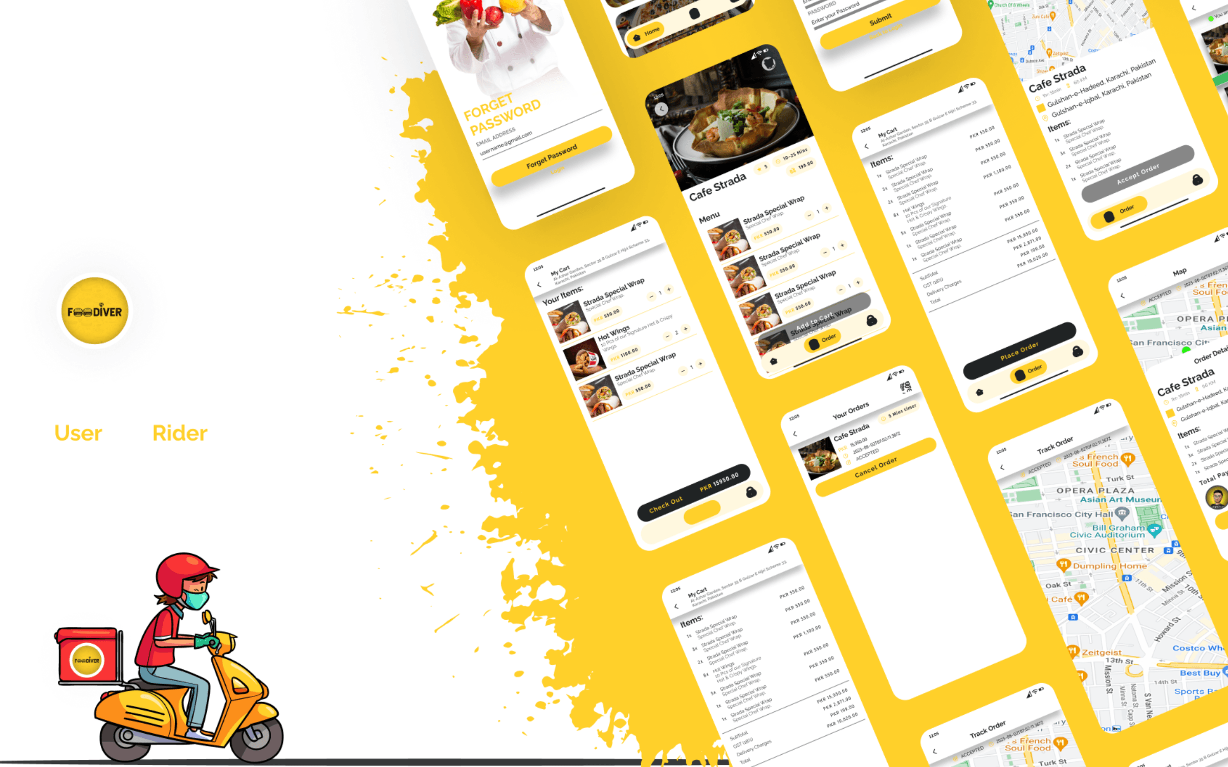 Foodiver food-delivery web platform by IrenicTech, customer app + rider app + backend with live Mapbox tracking