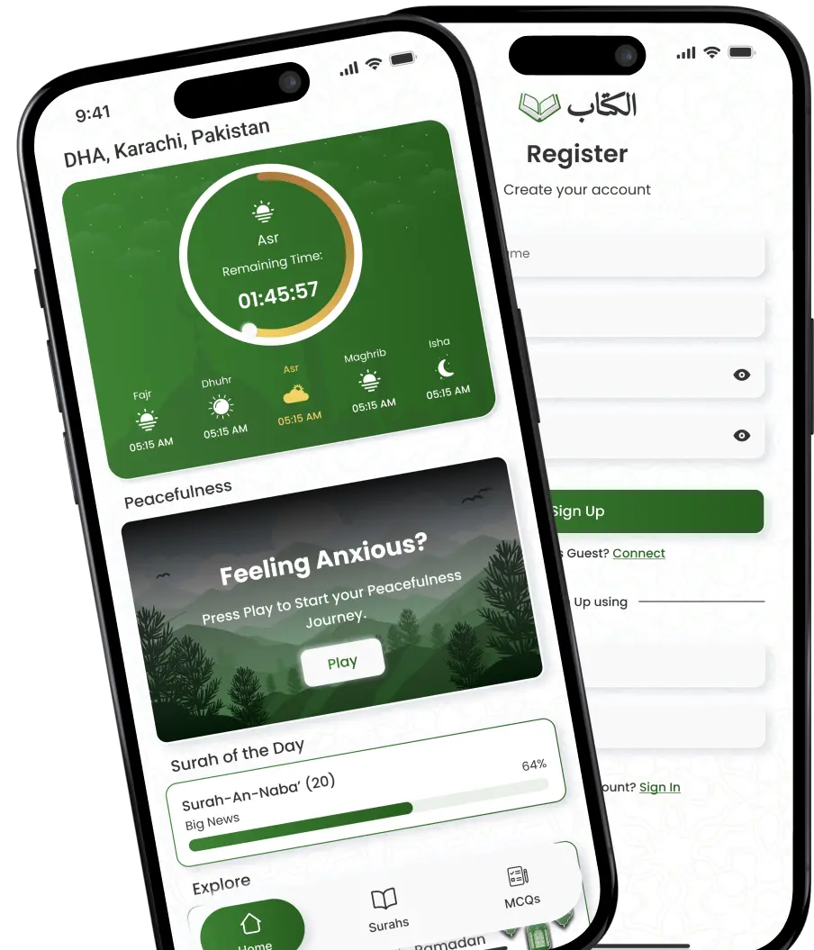 Al Kitaab Quran companion app: Surah recitation, Tafsir, and Tasbih screens on iPhone