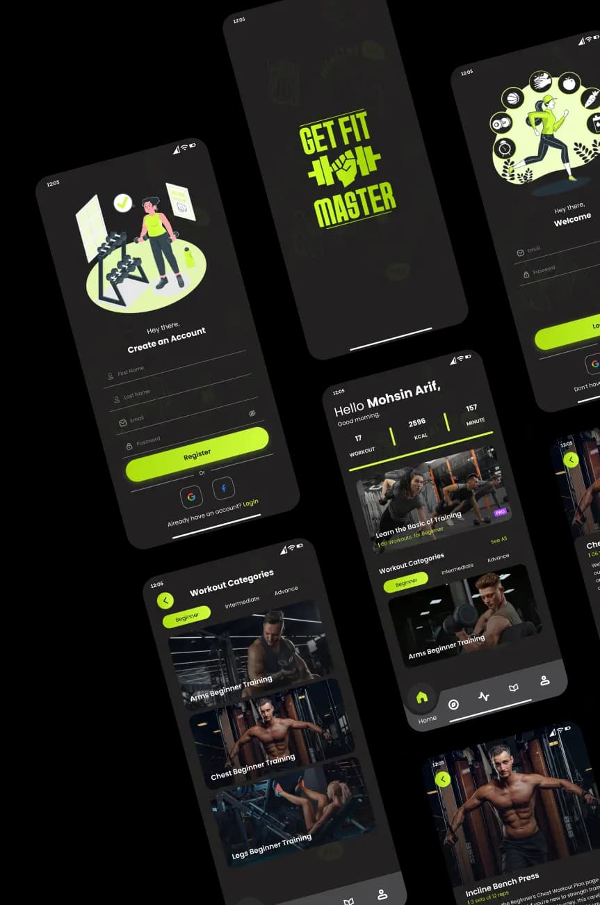 GetFitMaster fitness app: trainer dashboard and trainee workout screens