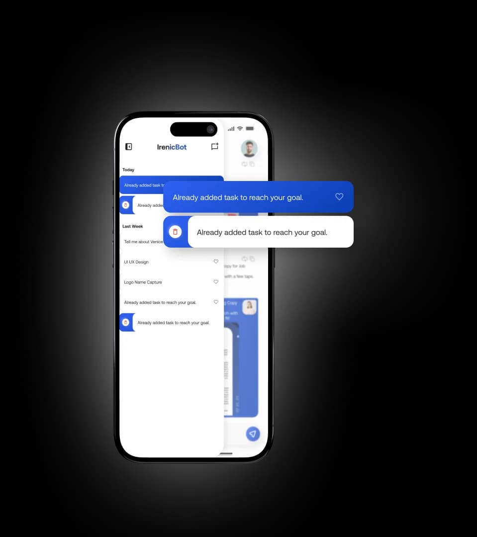 IrenicBot Gemini conversational AI: chat view with saved conversation history
