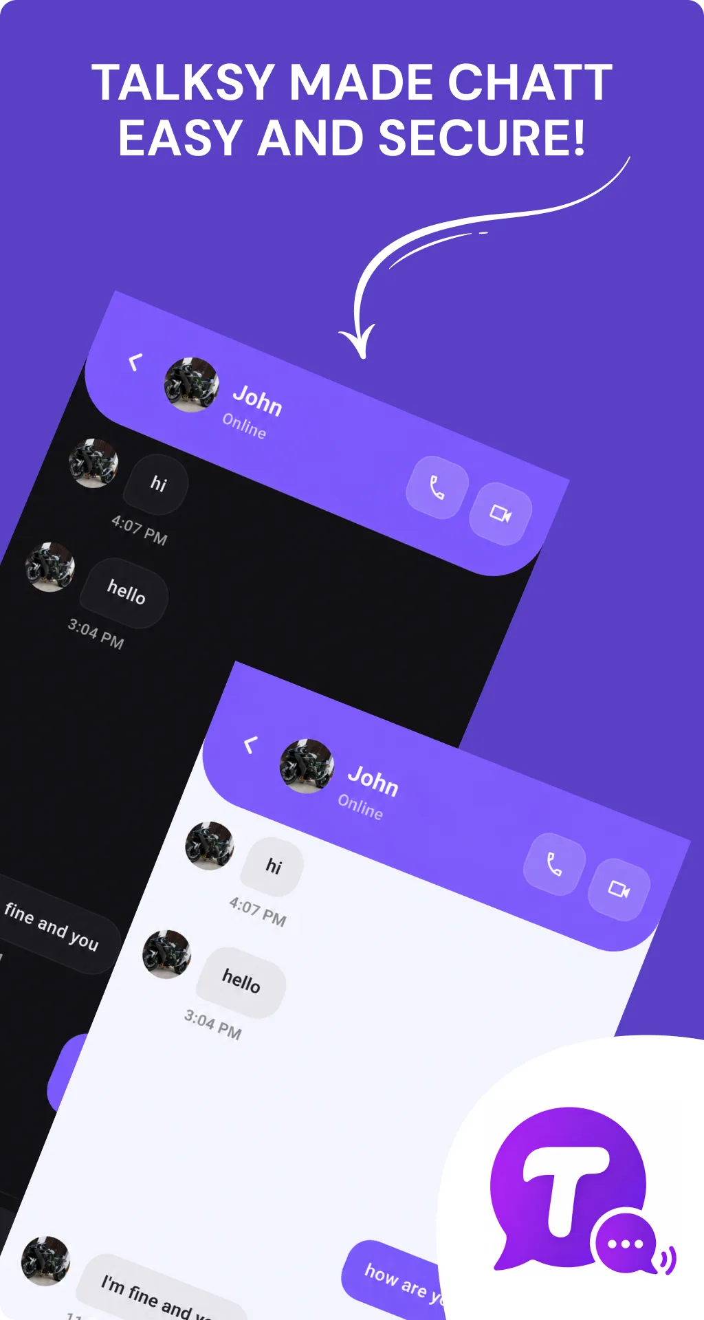 Talksy messaging app: one-to-one chat thread with online presence and call buttons, in light and dark themes