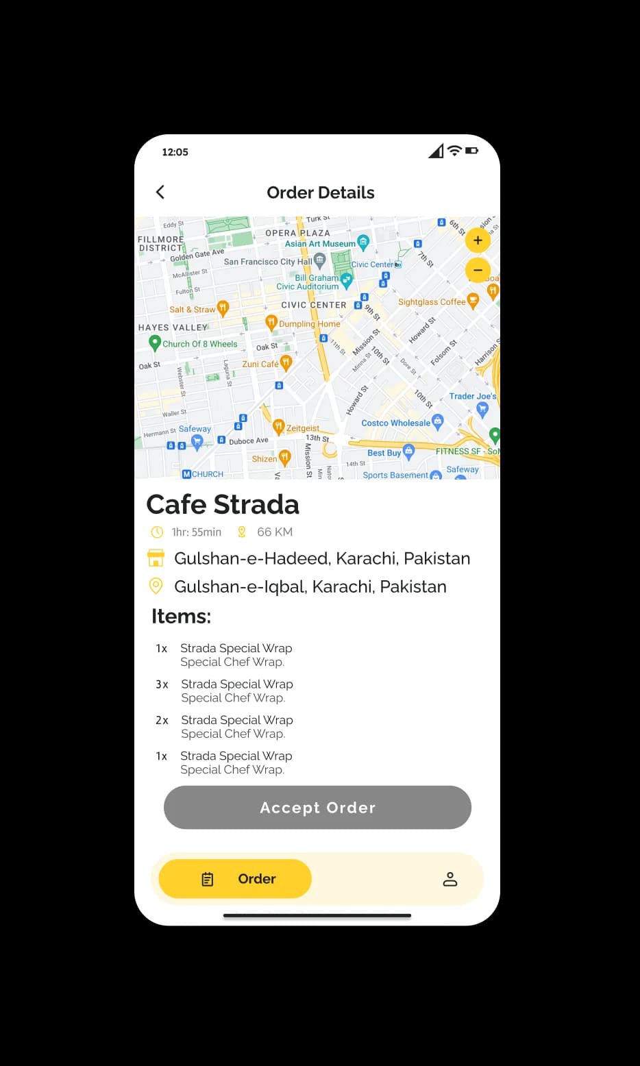 Foodiver food-delivery app: rider dispatch and route guidance screen
